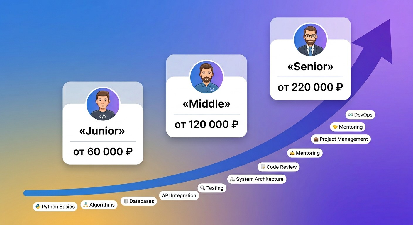 Карьерный путь Python-разработчика: Junior, Middle, Senior с уровнями зарплат