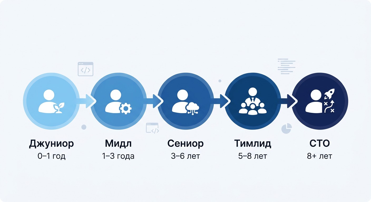 Карьерный трек веб-разработчика от джуниора до CTO с временными метками