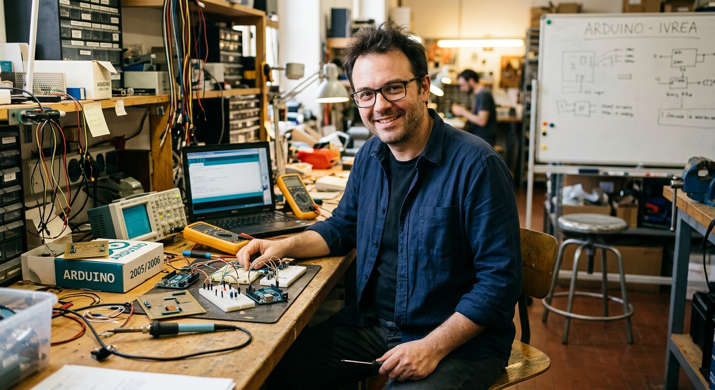 Создатель платформы Arduino Массимо Банци с ранними прототипами платы