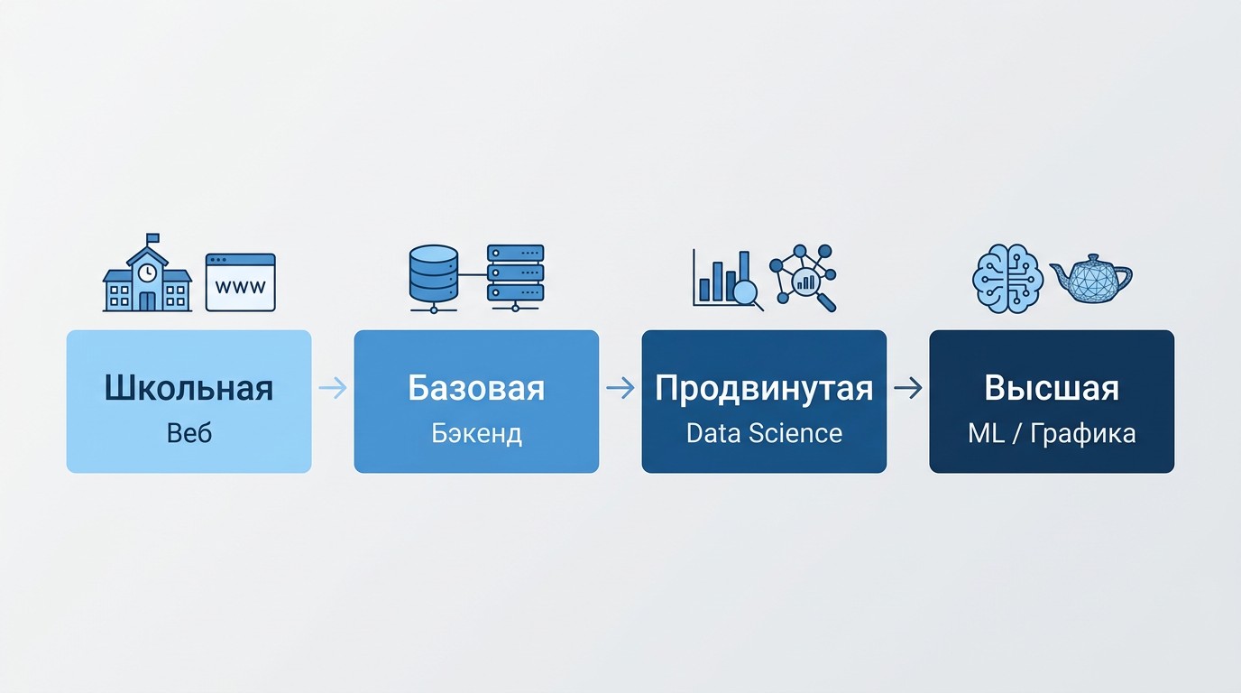 Инфографика уровней математики для программистов от школьного до высшей