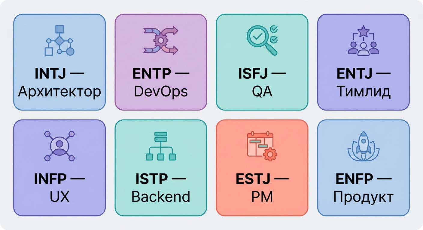 MBTI-сетка с IT-ролями для восьми типов личности