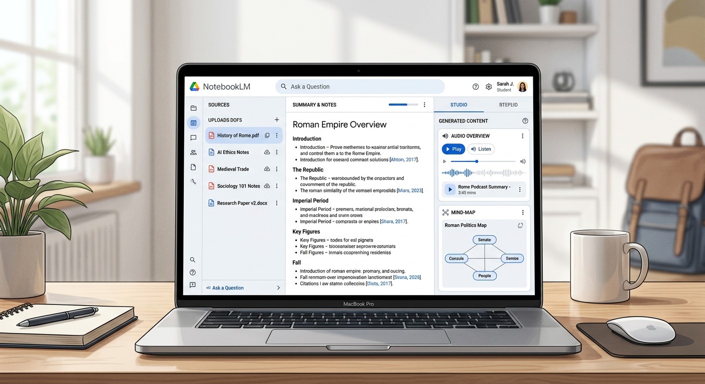 Интерфейс NotebookLM Studio для анализа и конспектирования учебных материалов