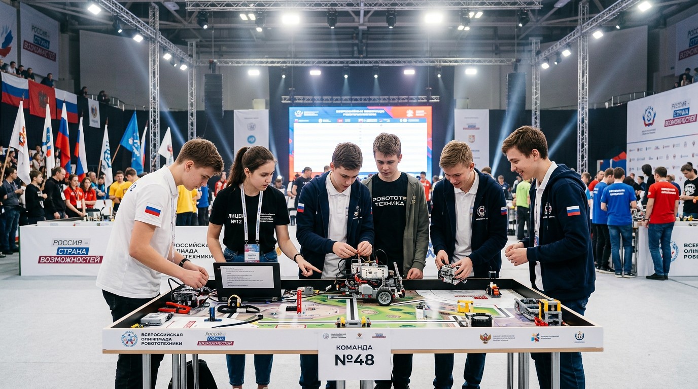 Школьники собирают робота на финале олимпиады по робототехнике