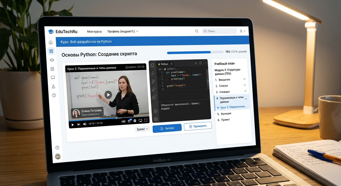 Интерфейс платформы онлайн-обучения программированию на ноутбуке