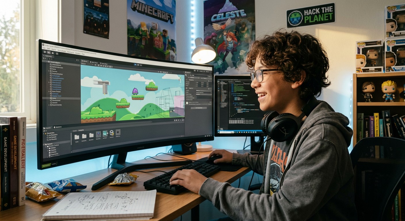 Подросток создаёт 3D-игру на Unity на онлайн-курсе программирования