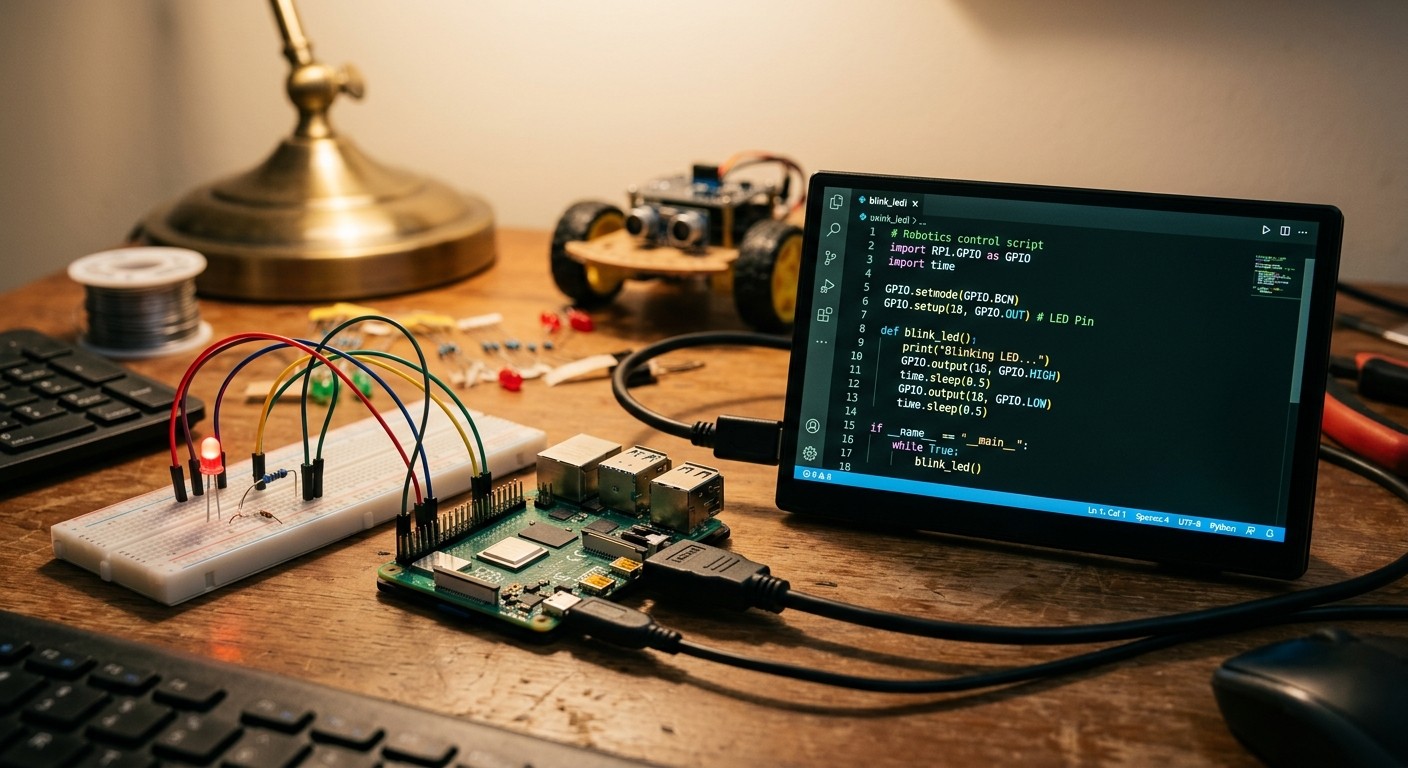 Python-код на экране Raspberry Pi для управления роботом