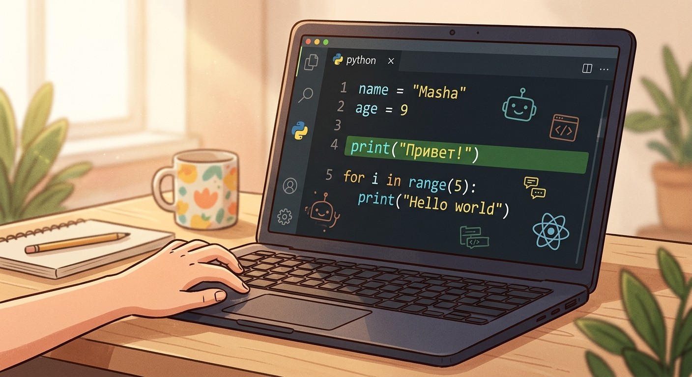 Пример кода на Python — команда print Привет для школьников