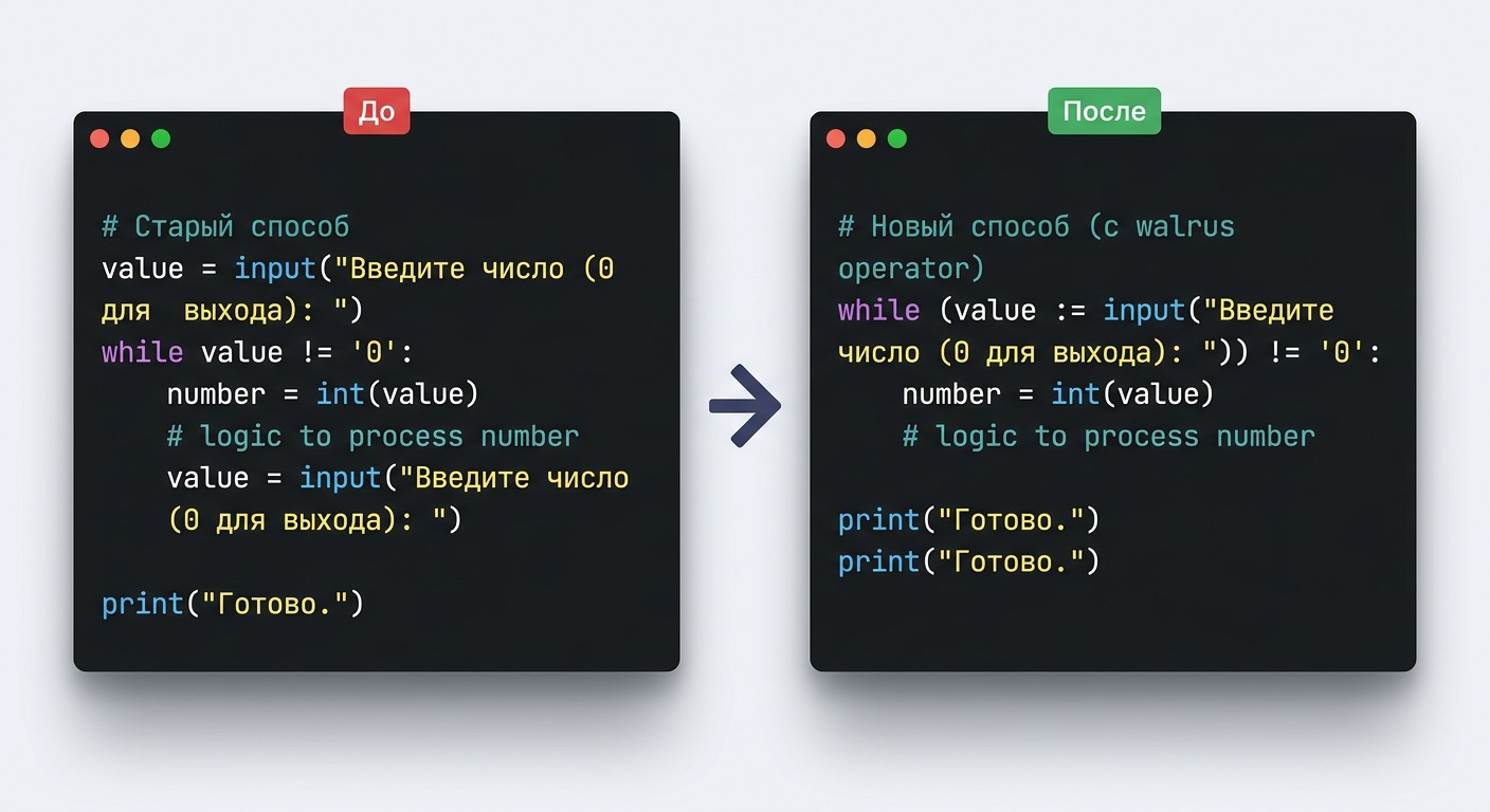 До и после: моржовый оператор := в цикле while Python
