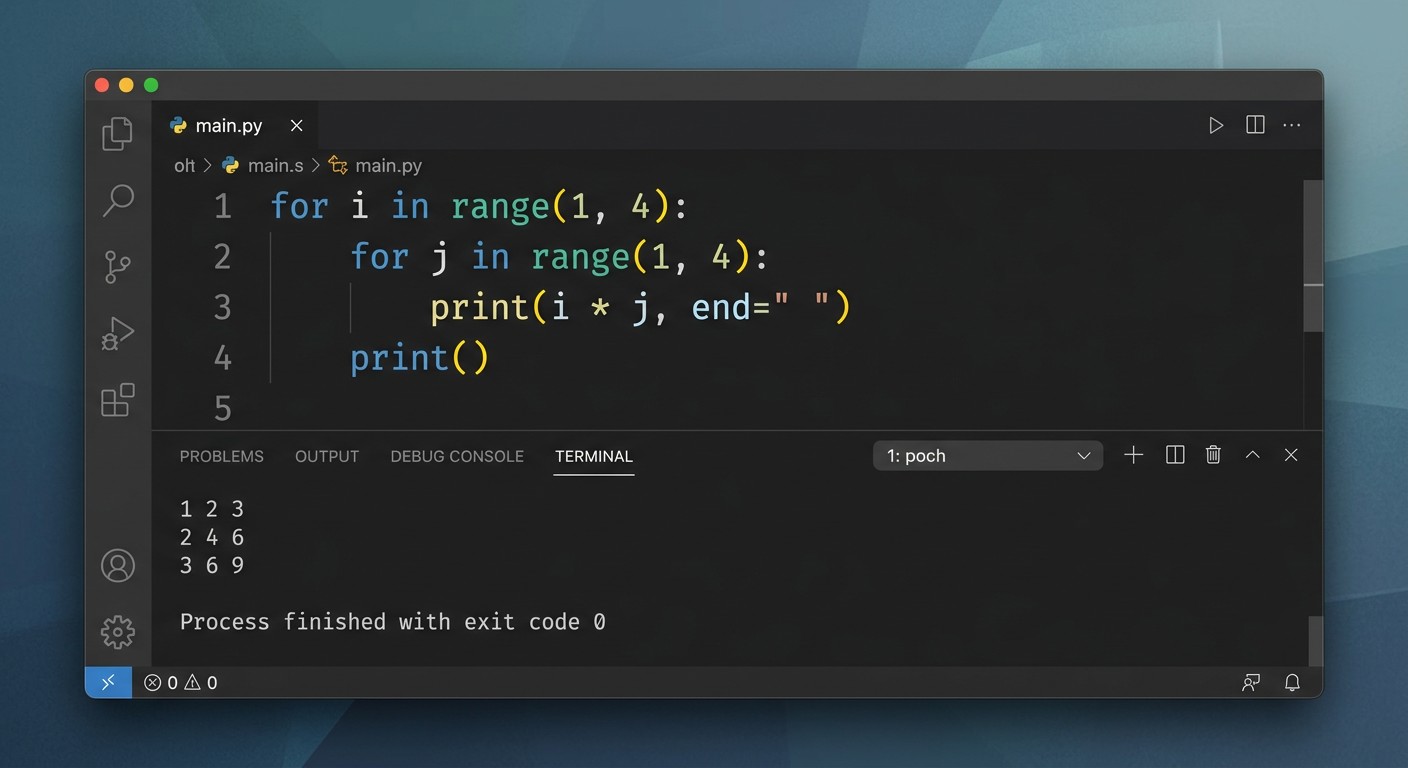 Вложенный цикл for в Python — таблица умножения в консоли