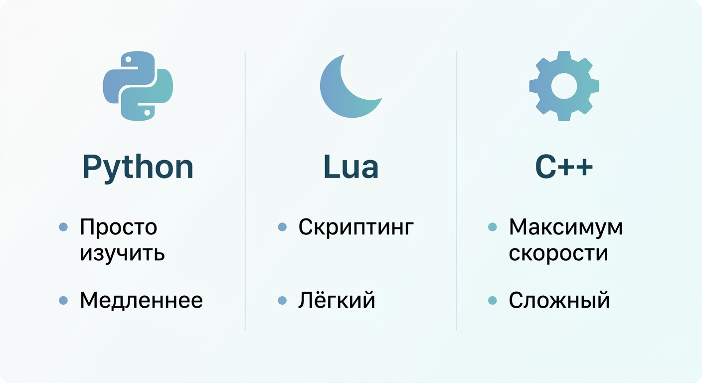 Сравнение Python, Lua и C++ для разработки игр — инфографика