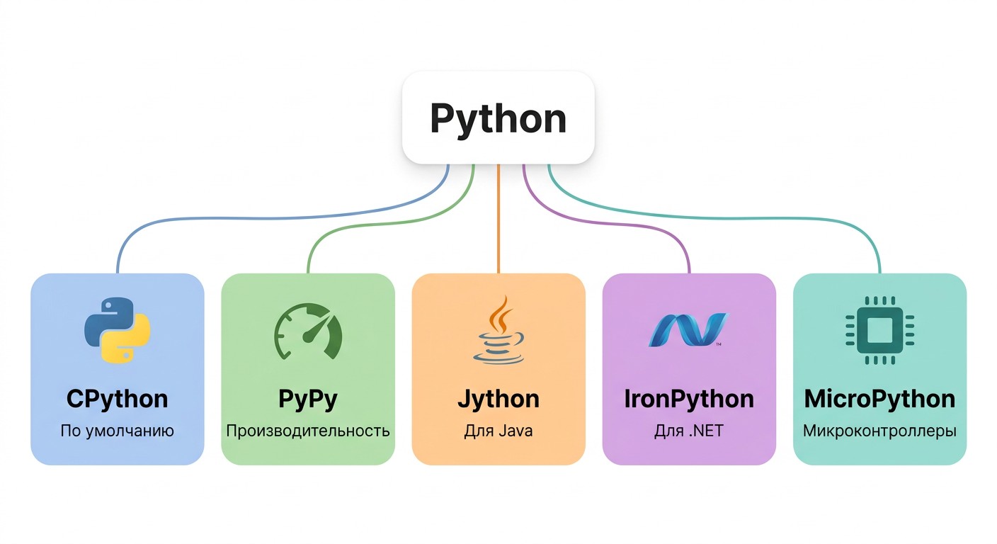 Дерево реализаций Python: CPython, PyPy, Jython, IronPython, MicroPython