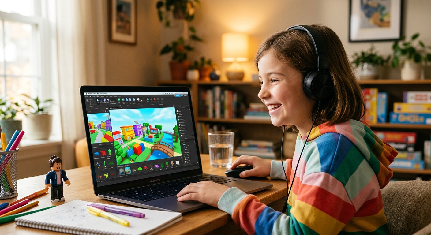 Ребёнок создаёт игры на Roblox на онлайн-курсе программирования для школьников