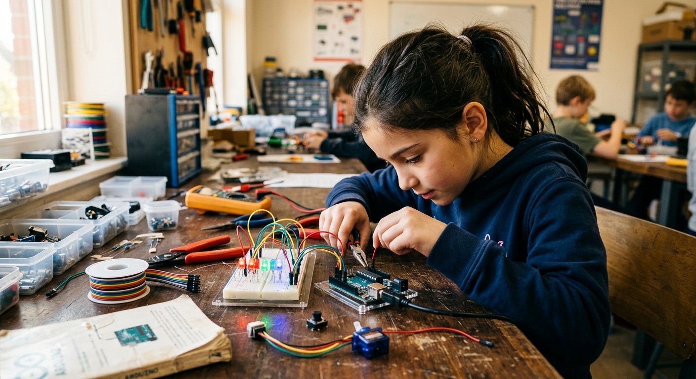 Ребёнок с Arduino собирает схему — робототехника для детей