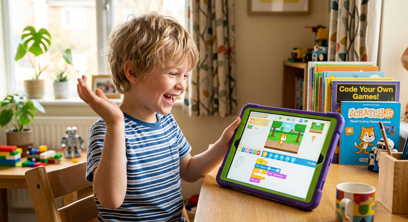 Маленький ребёнок осваивает визуальное программирование Scratch на онлайн-курсе