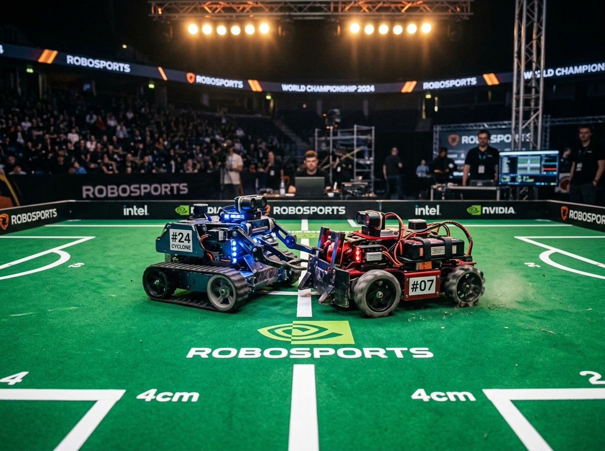 Роботы соревнуются на арене категории RoboSports на олимпиаде