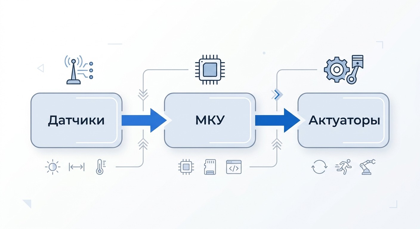 Схема компонентов робота: датчики, микроконтроллер и актуаторы
