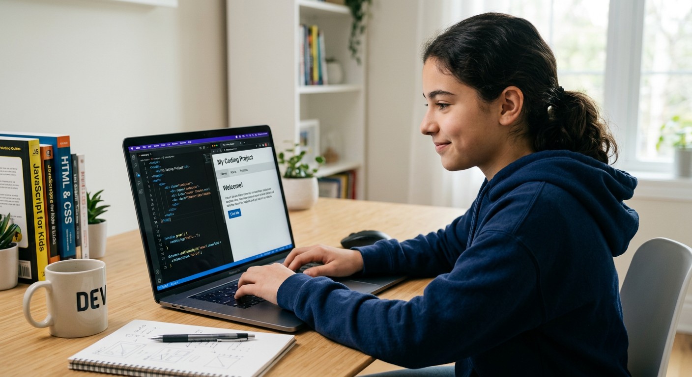 Школьница изучает веб-разработку и JavaScript на онлайн-курсе