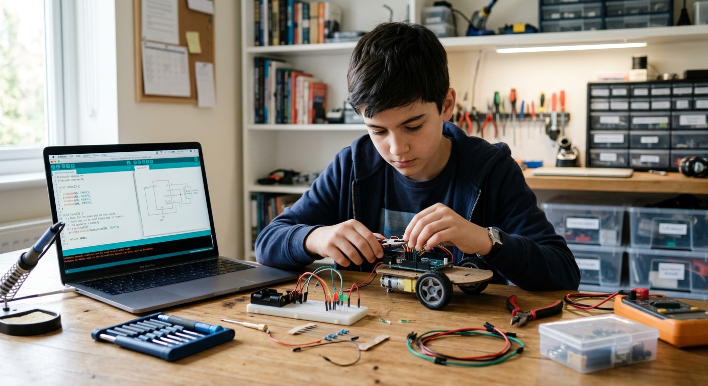 Школьник собирает робота с Arduino на онлайн-курсе программирования