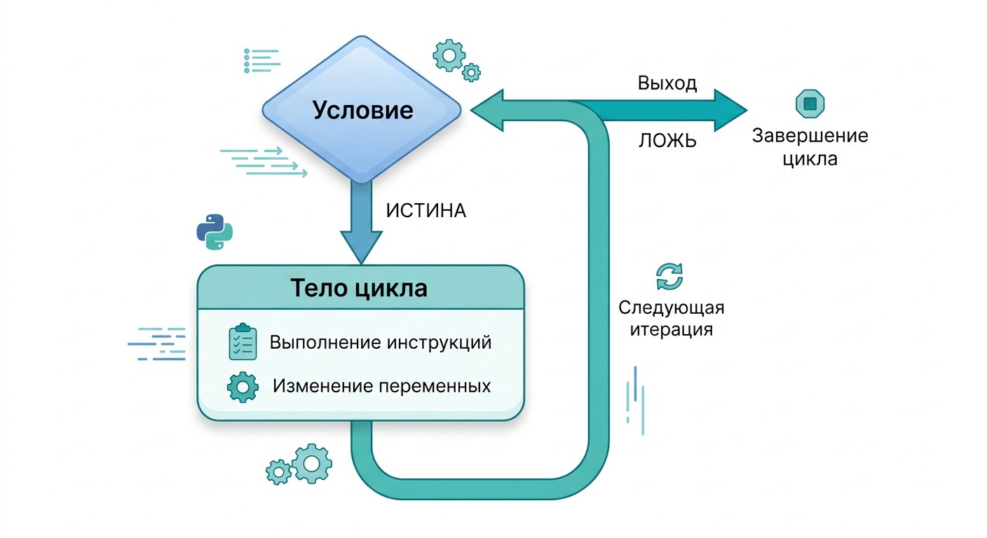 Схема цикла Python: условие, тело, следующая итерация и выход