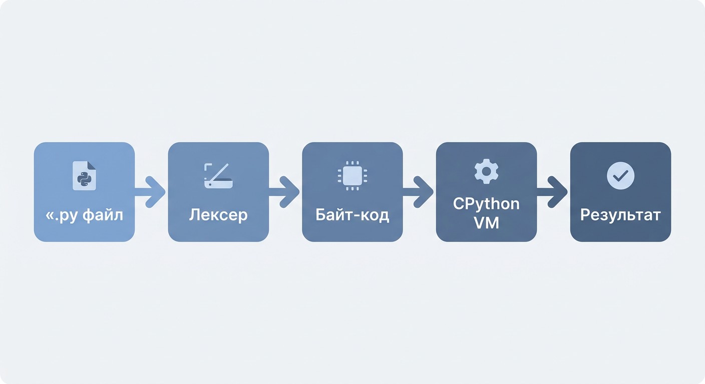 Схема выполнения Python-кода: от исходного файла до результата через CPython VM