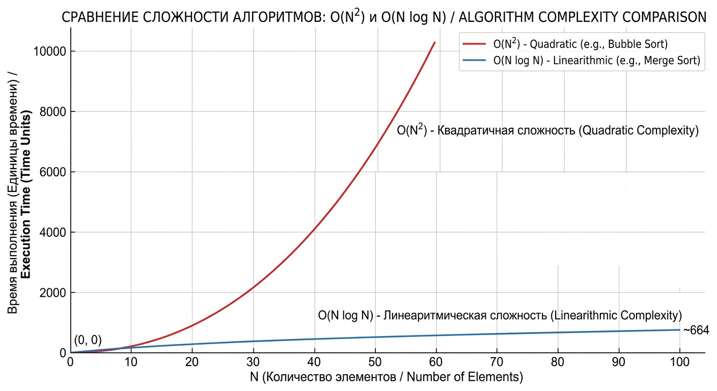 График роста O(N²) и O(N log N) при увеличении числа операций