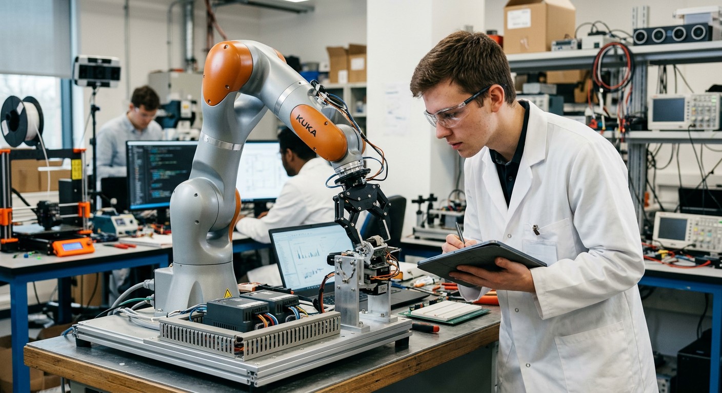Стажёр в лаборатории робототехники работает с роботом-манипулятором