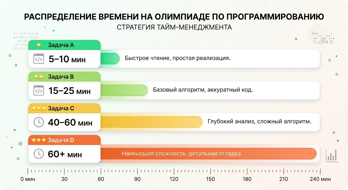 Тайминги задач на туре олимпиады по информатике — задачи A B C D