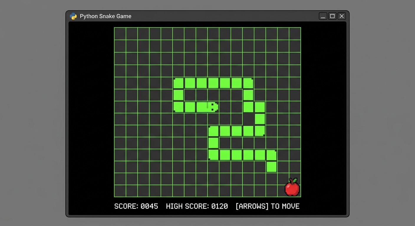 Готовая игра Змейка на Python — зелёная змея в тёмном окне