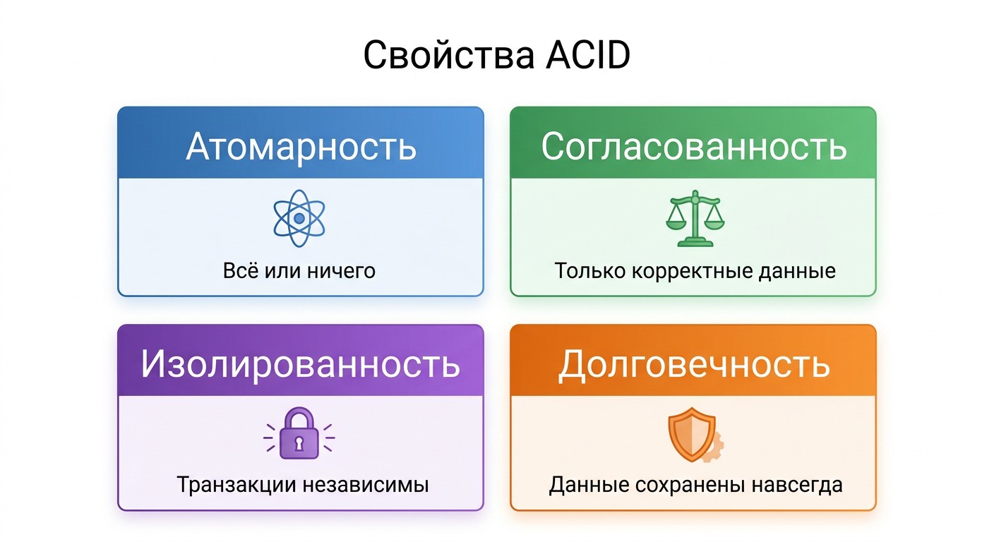 Свойства ACID базы данных через пример банковского перевода