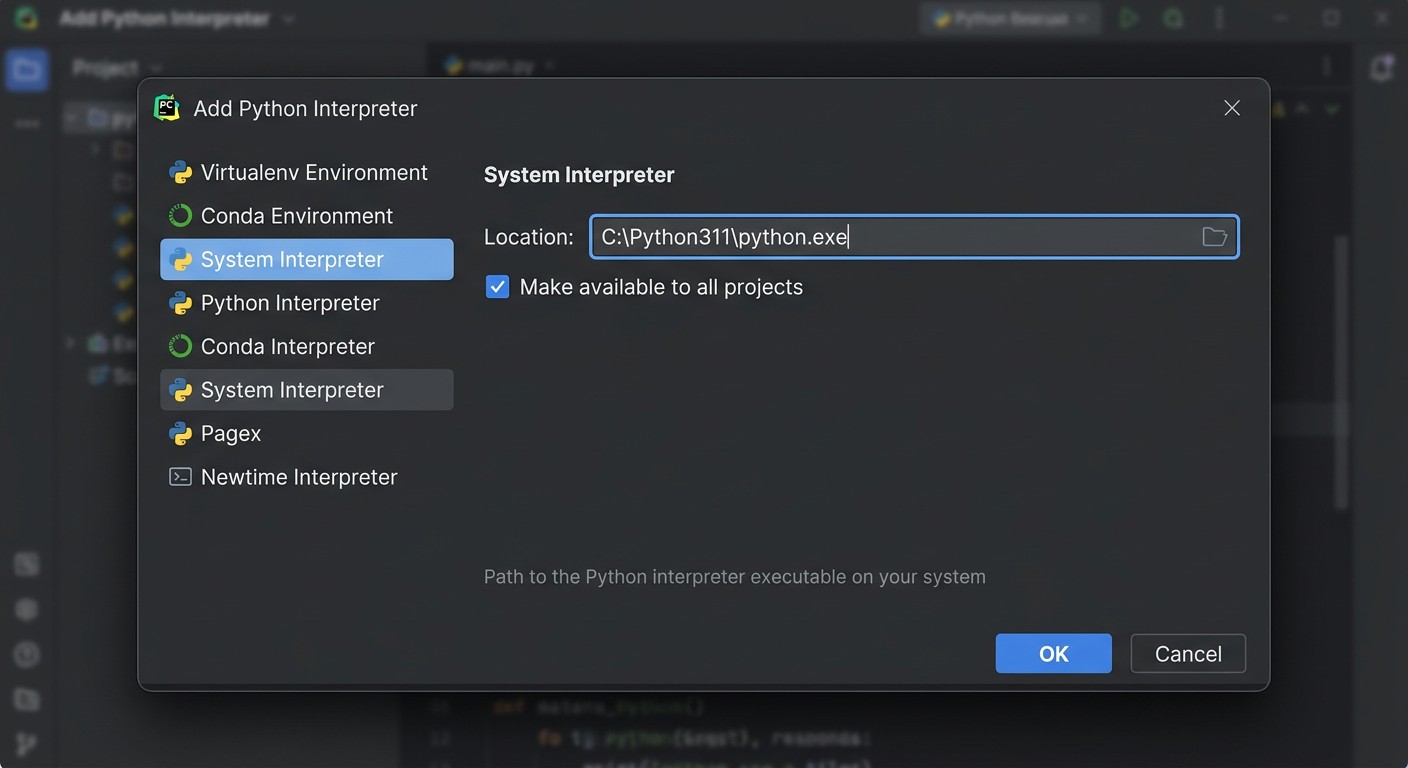 Add Interpreter в PyCharm — путь к файлу python.exe