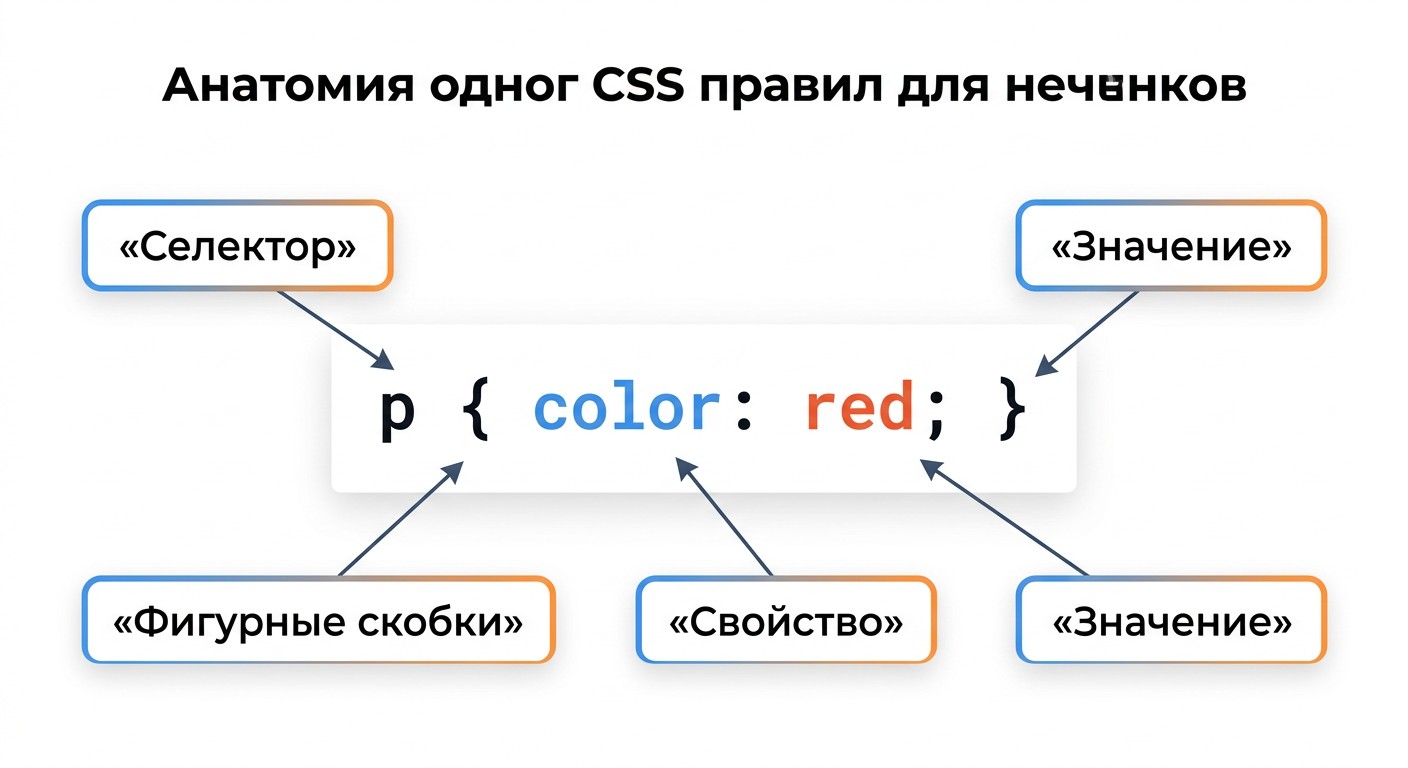 Анатомия CSS-правила: селектор, свойство и значение с подписями