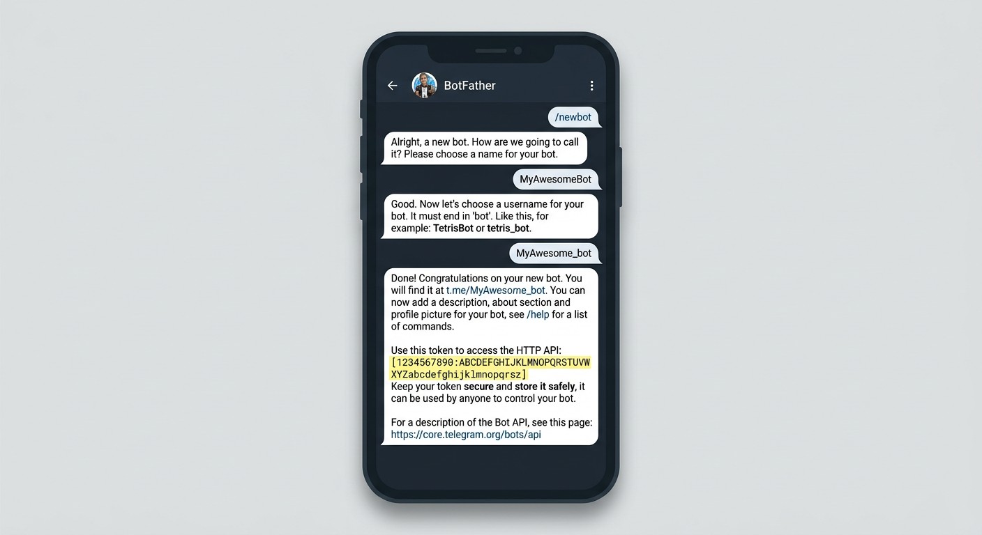 Диалог с @BotFather: команда /newbot и получение API-токена