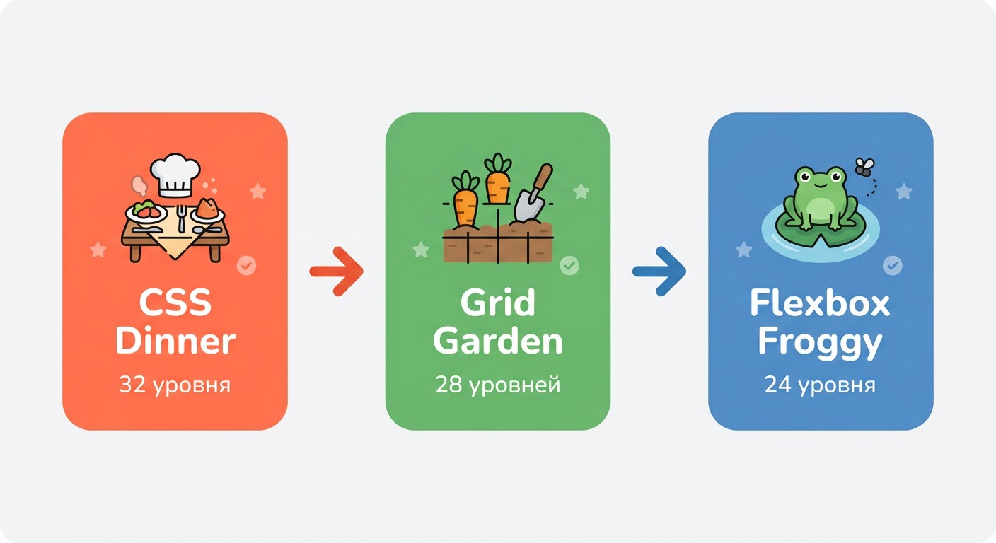 Три CSS-игры для обучения верстке: CSS Dinner, Grid Garden, Flexbox Froggy