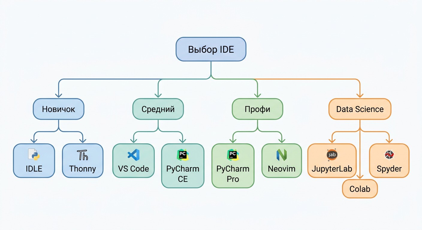 Схема выбора среды разработки Python — дерево по уровню и задаче
