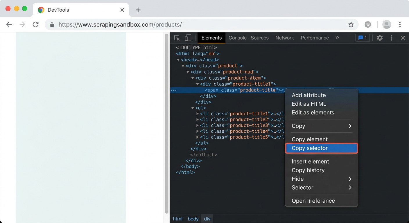 DevTools вкладка Elements и опция Copy Selector для парсера