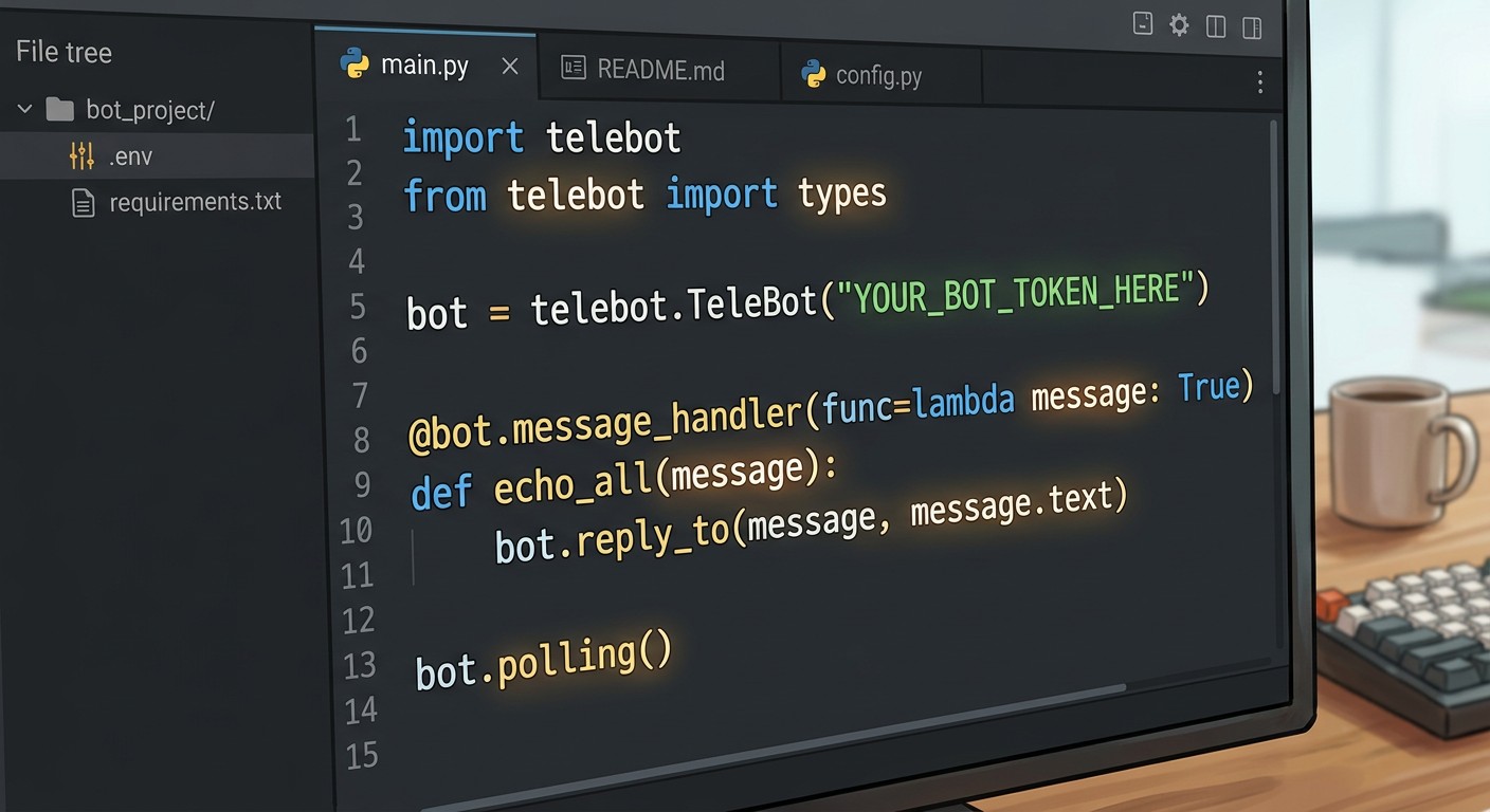 Код echo-бота на Python в редакторе — создание Telegram-бота