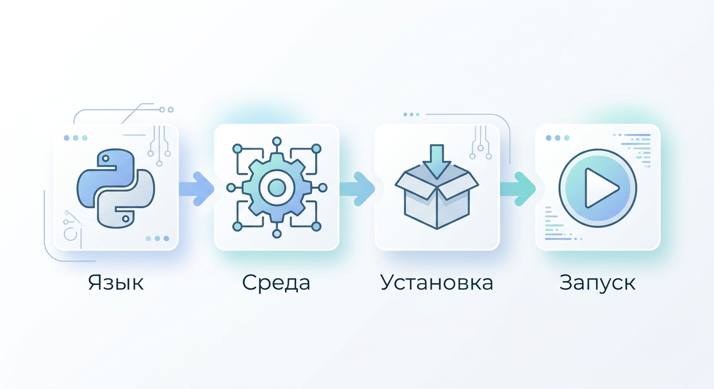 Инфографика: 4 шага установки Flask Python — язык, среда, пакет, запуск