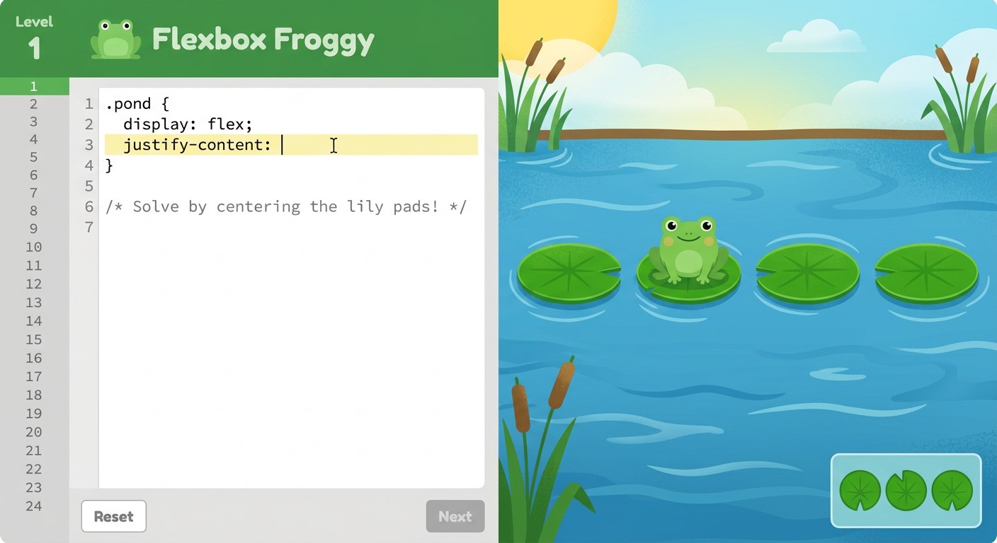 Flexbox Froggy — игра для изучения CSS Flexbox: лягушка на листах