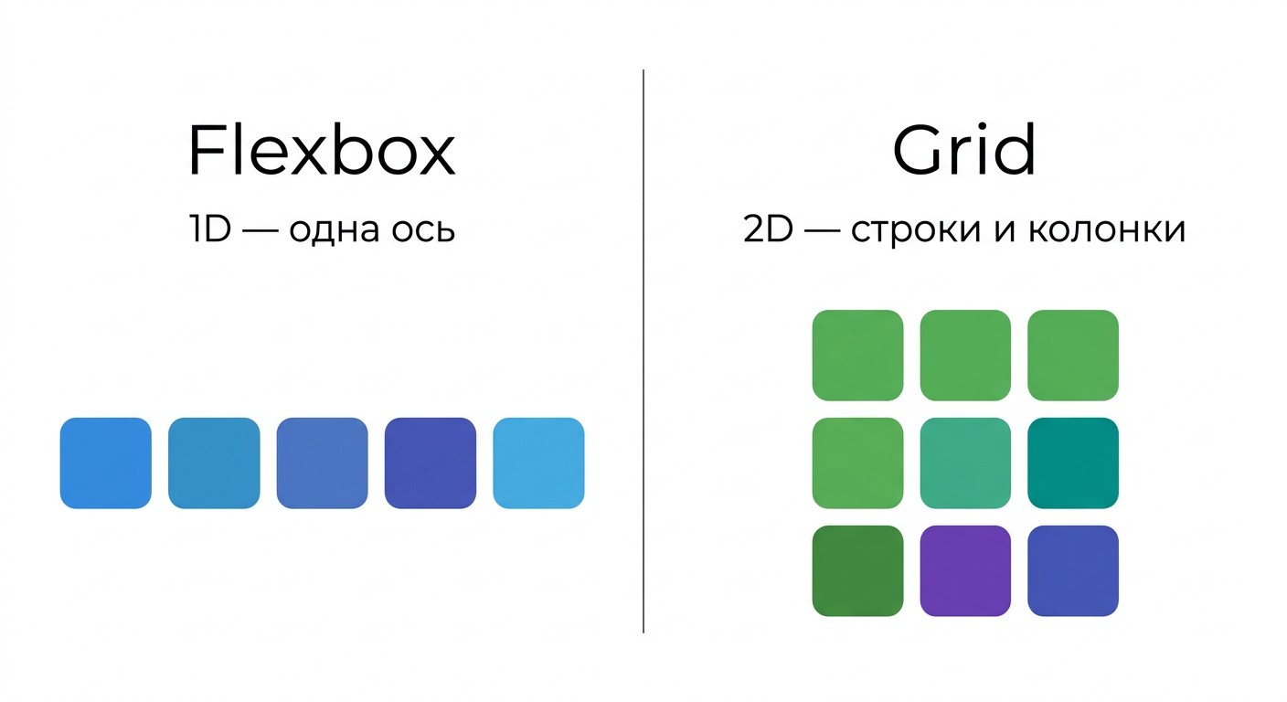 Сравнение Flexbox и Grid CSS: одномерная и двумерная раскладка