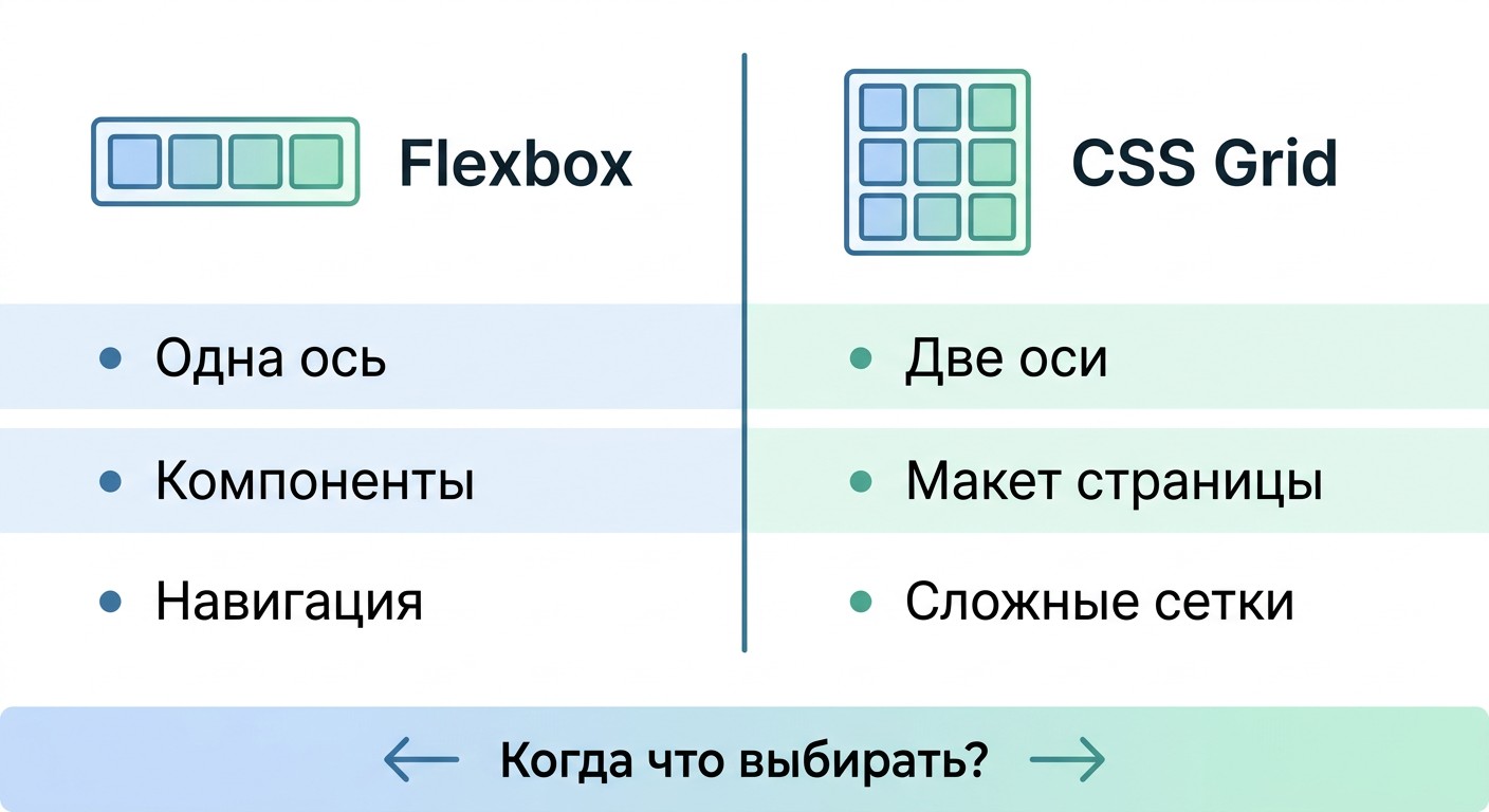 Flexbox CSS против CSS Grid: инфографика когда что выбирать