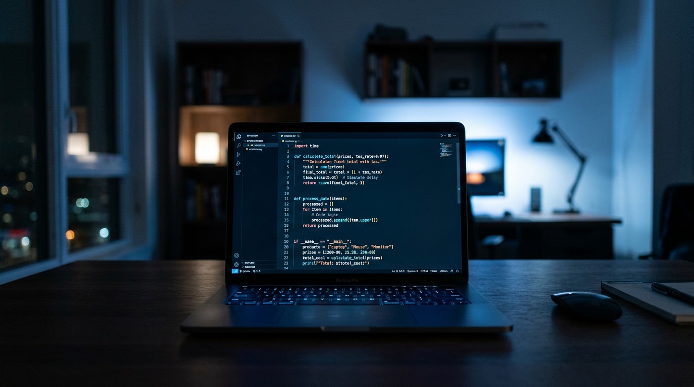 Функции Python — код на тёмном фоне ноутбука с подсветкой синтаксиса