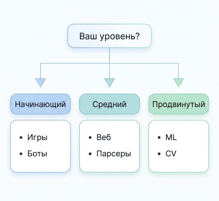 Дерево выбора проекта Python по уровню разработчика