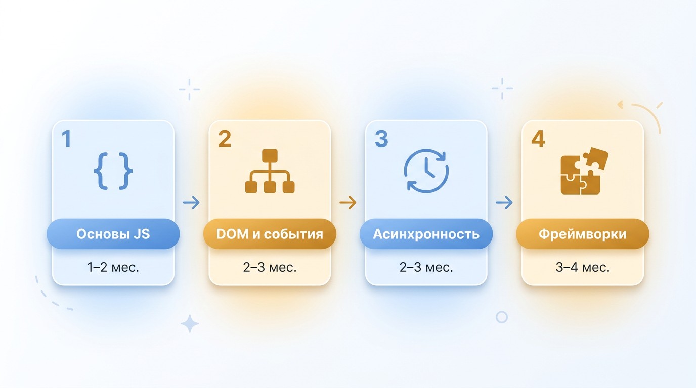 JavaScript roadmap для начинающих: 4 этапа с иконками и сроками