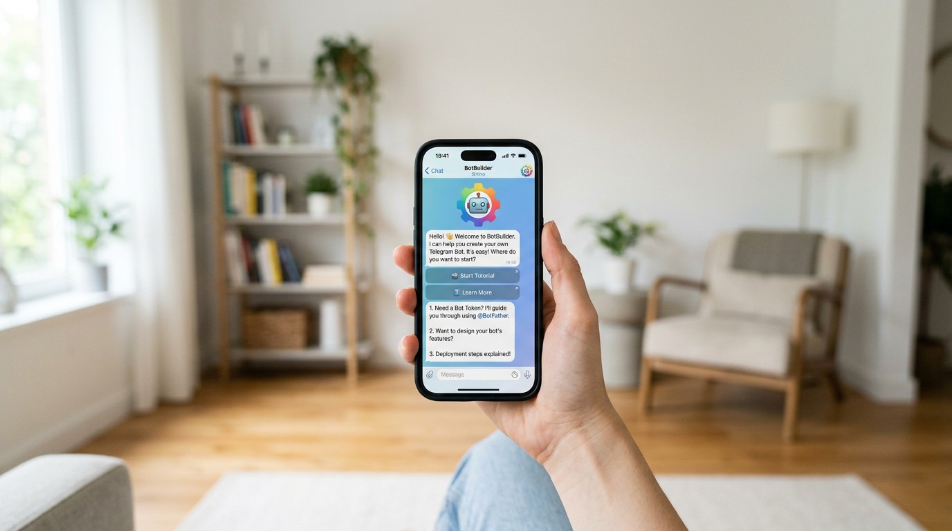 Смартфон с открытым чатом Telegram-бота — результат создания бота