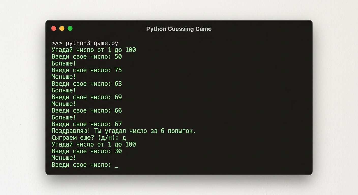 Консоль с игрой угадай число — проект на Python для начинающих