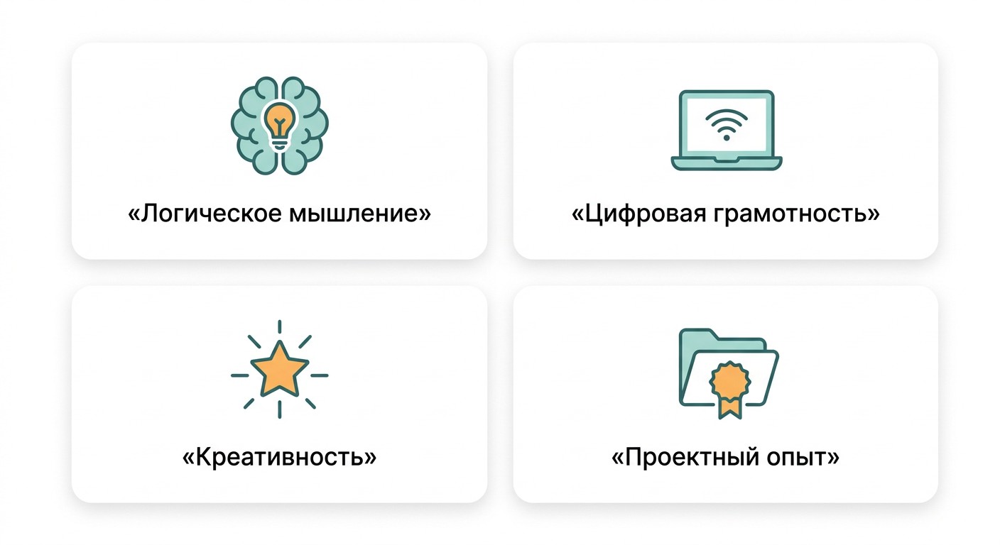 Четыре навыка школьника-разработчика сайтов: иконки умений
