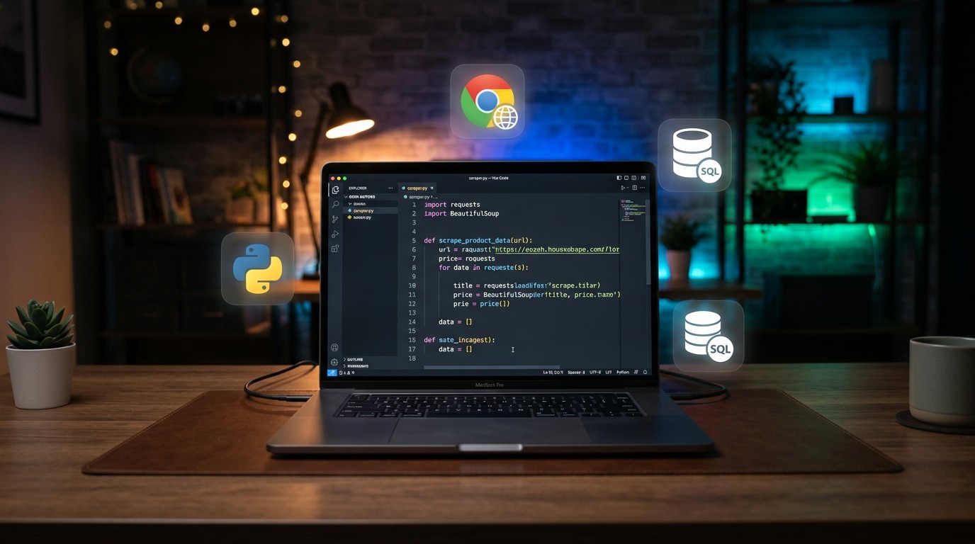 Парсер на Python — ноутбук с кодом и иконками браузера
