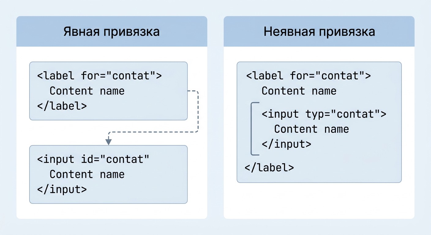 Схема явной и неявной привязки label к input в HTML-форме