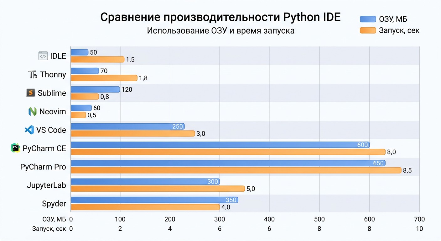 Сравнение производительности сред разработки Python по ОЗУ и времени запуска