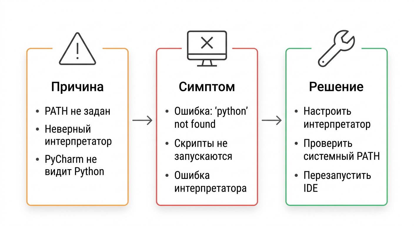 Инфографика диагностики: PyCharm не видит Python — причины и решения